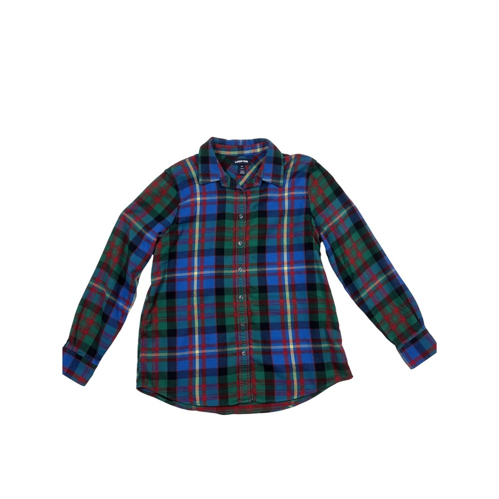 Lands End Long Sleeve‎ Flannel Shirt Button Up Womens Size 14 Blue Green Plaid
